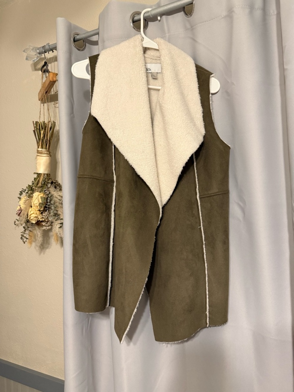 Olive Faux-Suede Vest with Cream Faux-Shearling Collar